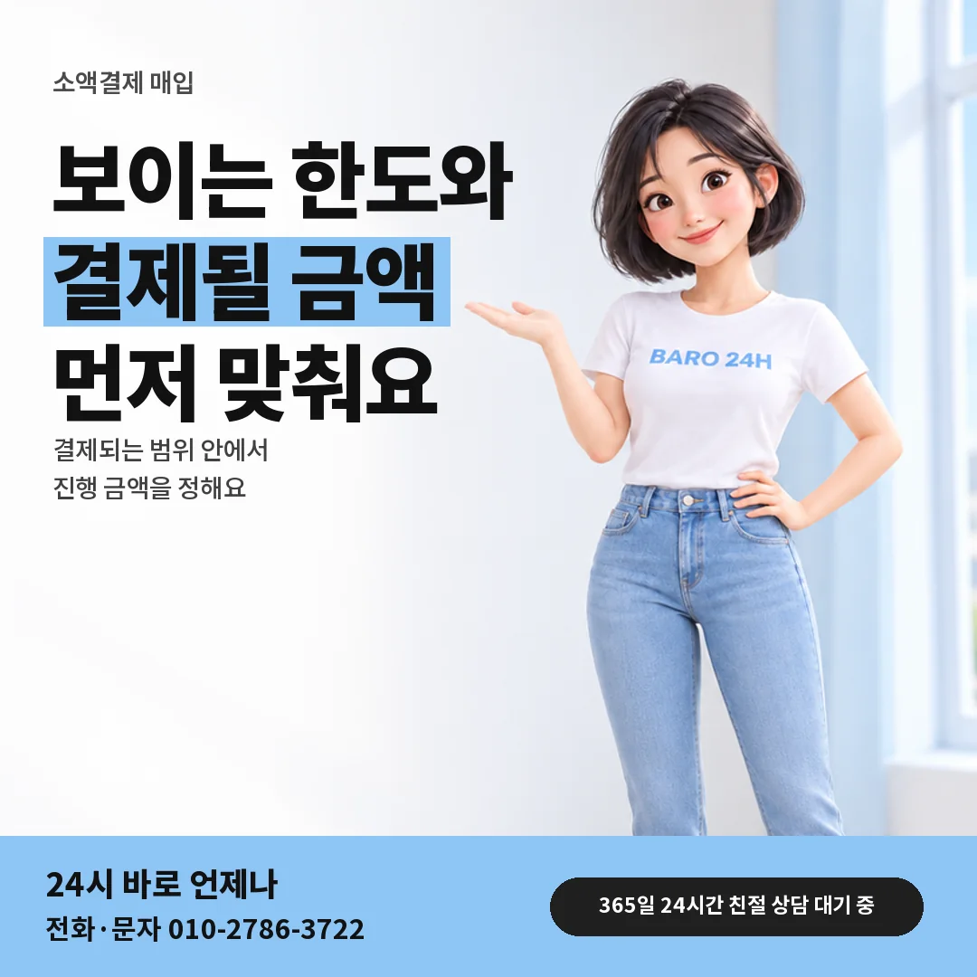 휴대폰을 보며 웃는 BARO 24H 티셔츠를 입은 3D 인물 옆에 「결제되는 범위와 진행 금액」 제목을 얹은 안내 카드