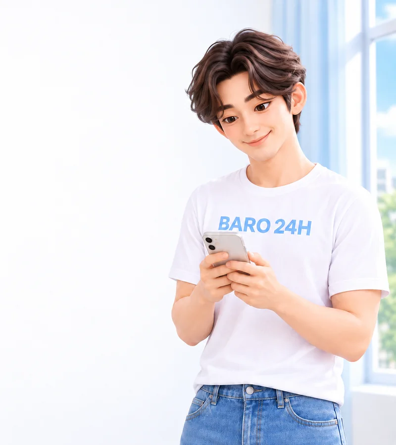 휴대폰을 들고 상담을 안내하는 BARO 24H 티셔츠 차림의 20대 3D 인물